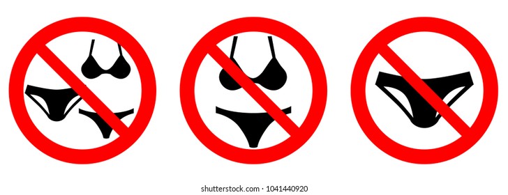 No Swim Wear, Please Dress In Shop / Please Remove Swimsuit In Sauna Sign. Black Men Briefs And Women Bikini Symbol In Red Crossed Circle