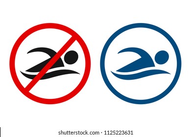 No Swimming And Swimming Allowed Sign. Simple Swimmer Figure Silhouette Icon In Circle.