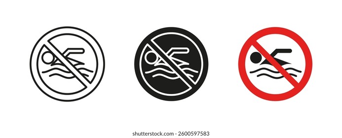 No swimming icon. Water activity prohibition vector illustration. Safety warning sign for restricted swimming areas. Drowning hazard prevention and security regulation pictogram.