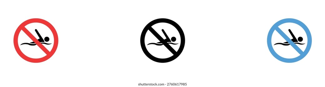 No swimming prohibited warning sign set. Water safety restriction symbol with swimmer silhouette in red, black, and blue circles. Vector Illustration.