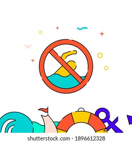 No swimming sign filled line vector icon, simple illustration, water safety and watercraft related bottom border.