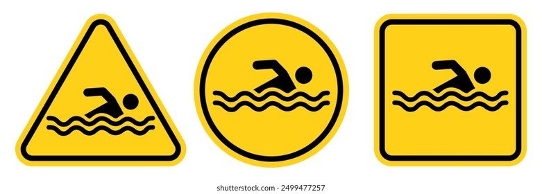 No swimming sign. Swimming is not allowed. Hazard warning sign. No swimming logo, badge, icon, sticker, label, emblem, stamp, symbol, black, line circle, flat vector, isolated illustration.