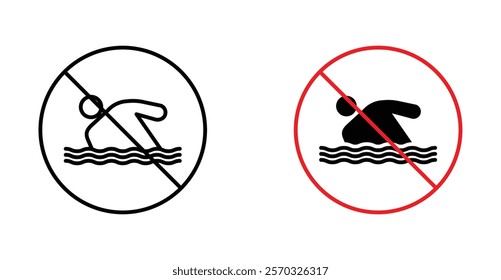 No swimming sign vectors set in black. line and flat versions