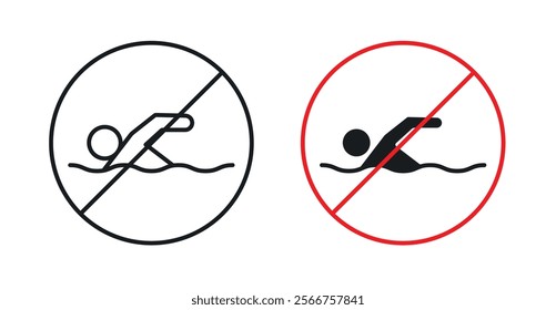 No swimming signs in black outline, solid and colored style