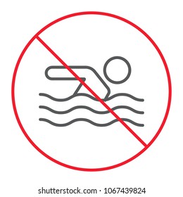 No Swimming thin line icon, prohibition and forbidden, no swim sign vector graphics, a linear pattern on a white background, eps 10.