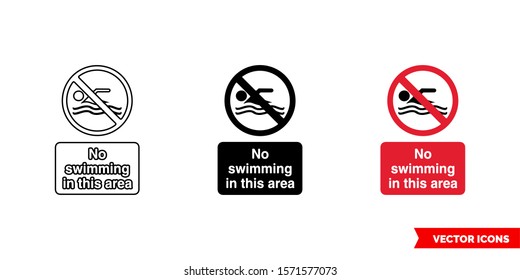 No swimming in this area prohibitory sign icon of 3 types: color, black and white, outline. Isolated vector sign symbol.