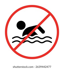 No swimming vector flat sign with man and water. Prohibition and forbidden icon design, water safety label. 