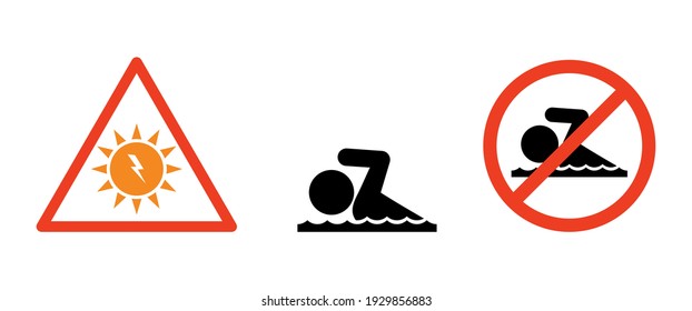 no swimming, warning sign isolated on white background, symbol set, hot summer sun