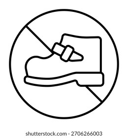 No symbol with boot thin line icon, prohibition concept, enter with shoes is forbidden sign on white background, outline style icon for mobile and web design. Vector graphics