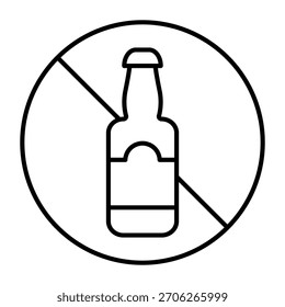 No symbol with bottle of beer thin line icon, prohibition concept, alcohol is forbidden sign on white background, outline style icon for mobile and web design. Vector graphics