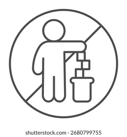 Ningún símbolo con el hombre, la basura y el icono de la línea delgada del bote de basura, concepto de prohibición, la contaminación es signo prohibido en el fondo blanco, icono del estilo del contorno para el móvil y el Diseño web. Gráficos de Vector