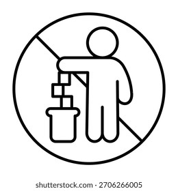 No symbol with man, garbage and trash can thin line icon, prohibition concept, pollution is forbidden sign on white background, outline style icon for mobile and web design. Vector graphics