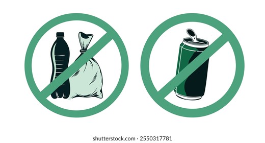 A "no symbol" over plastics and cans, representing a call for reducing waste, avoiding single-use items, and promoting eco-friendly practices for a sustainable future.