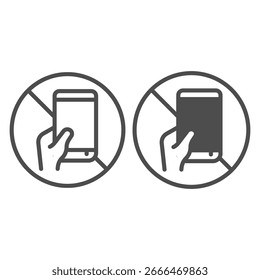 Ningún símbolo con el smartphone de la pantalla táctil en la línea de la mano y el icono sólido, concepto de prohibición, usando el teléfono está prohibido signo en el fondo blanco, icono del estilo del contorno para el móvil y el Diseño web. Gráficos de Vector