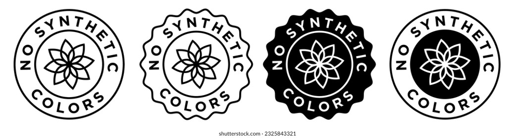 No synthetic colors icon. Artificial colorant free sign symbol badge. Non chemical preservatives circular round emblem. Vector mark of additive free product web ui seal collection
