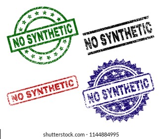 NO SYNTHETIC seal prints with corroded texture. Black, green,red,blue vector rubber prints of NO SYNTHETIC label with corroded style. Rubber seals with circle, rectangle, rosette shapes.