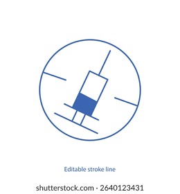 No syringe, hormones, antibiotic, drugs icon. No injection symbol. Vector stock illustration isolated on white background for design template medical, pharmacy, hospital. Editable stroke line
