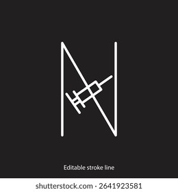 No syringe, hormones, antibiotic, drugs icon. No injection symbol. Vector stock illustration isolated on black background for design template medical, pharmacy, hospital. Editable stroke line