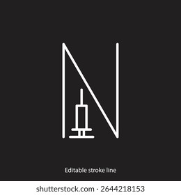 No syringe, hormones, antibiotic, drugs icon. No injection symbol. Vector stock illustration isolated on black background for design template medical, pharmacy, hospital. Editable stroke line