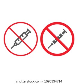 No syringe line and glyph icon, prohibition and forbidden, no injection sign vector graphics, a linear pattern on a white background, eps 10.