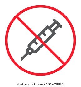 No syringe line icon, prohibition and forbidden, no injection sign vector graphics, a linear pattern on a white background, eps 10.