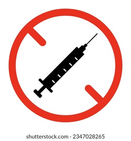 Sin signo de jeringa, narcotráfico prohibido. No se permiten medicamentos, basta con el icono. Vacuna de prohibición, medicina de riesgo. Símbolo de vector