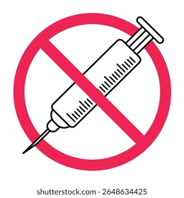 Sem sinal de seringa, sinal de símbolo de seringa proibida, seringa com cruz vermelha, ícone de injeção proibida, símbolo de vacina não permitida, diga não aos medicamentos