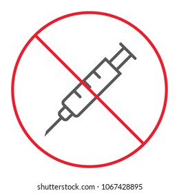 No syringe thin line icon, prohibition and forbidden, no injection sign vector graphics, a linear pattern on a white background, eps 10.