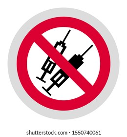 No syringes or No drugs forbidden sign, modern round sticker