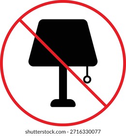 No hay conjunto de iconos de lámpara de mesa. Símbolos de prohibición de luz de escritorio. Diseño gráfico de restricción de iluminación. Lámpara eléctrica de signos prohibidos. Símbolo prohibido de luz de mesa
