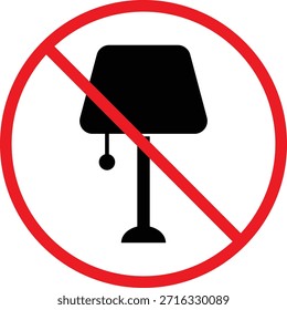 No hay conjunto de iconos de lámpara de mesa. Símbolos de prohibición de luz de escritorio. Diseño gráfico de restricción de iluminación. Lámpara eléctrica de signos prohibidos. Símbolo prohibido de luz de mesa
