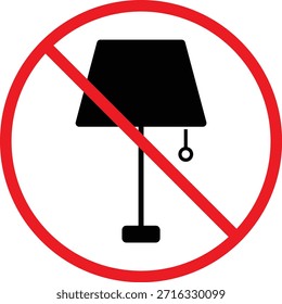 No hay conjunto de iconos de lámpara de mesa. Símbolos de prohibición de luz de escritorio. Diseño gráfico de restricción de iluminación. Lámpara eléctrica de signos prohibidos. Símbolo prohibido de luz de mesa
