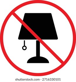 No hay conjunto de iconos de lámpara de mesa. Símbolos de prohibición de luz de escritorio. Diseño gráfico de restricción de iluminación. Lámpara eléctrica de signos prohibidos. Símbolo prohibido de luz de mesa
