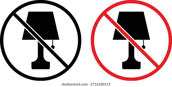 No hay conjunto de iconos de lámpara de mesa. Símbolos de prohibición de luz de escritorio. Diseño gráfico de restricción de iluminación. Lámpara eléctrica de signos prohibidos. Símbolo prohibido de luz de mesa
