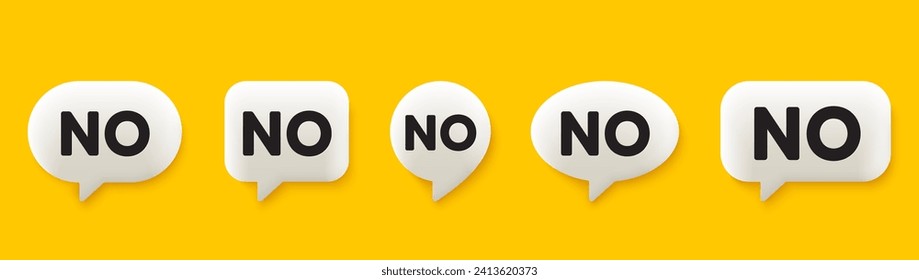 No tag. 3d chat speech bubbles set. Negative answer text. Vote refuse, decline or forbidden symbol. No talk speech message. Talk box infographics. Vector