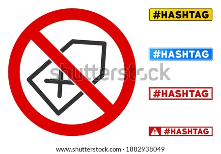 No Tag sign with titles in rectangle frames. Illustration style is a flat iconic symbol inside red crossed circle on a white background. Simple No Tag vector sign, designed for rules, restrictions,