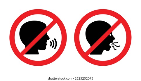 No Talking and No Coughing Sign—Prohibited Human Silhouette Vector Icons