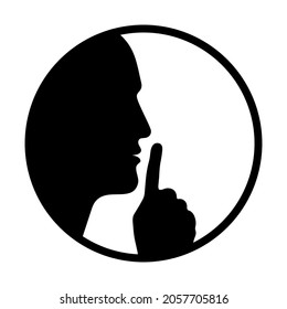 No hables, por favor. Cabeza la silueta humana con el dedo cerca de los labios. Firma pidiendo silencio aislado en el fondo blanco. Ilustración del vector