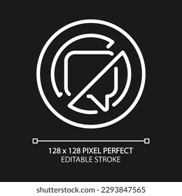 No talking sign pixel perfect white linear icon for dark theme. Crossed speech bubble. Restriction in communication. Thin line illustration. Isolated symbol for night mode. Editable stroke