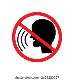No talking sign. Speech forbidden symbol. Silence prohibition Vector. Quiet area warning.