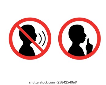 A No Talking sign typically features a face with a finger over the lips or a crossed-out speech bubble, indicating silence is required in the area.