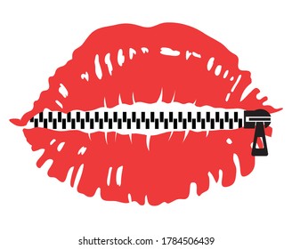 No talking Zipper lips. Vector symbol of red lips isolated on white for design