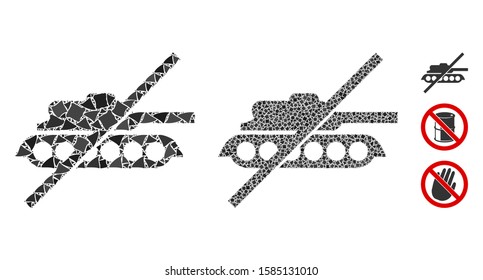 No tank icon composition of raggy items in various sizes and color tinges, based on no tank icon. Vector raggy parts are grouped into collage. No tank icons collage with dotted pattern.
