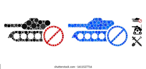 No tanks mosaic of small circles in various sizes and shades, based on no tanks icon. Vector small circles are grouped into blue mosaic. Dotted no tanks icon in usual and blue versions.