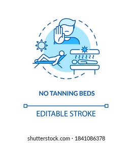 No tanning beds concept icon. Skin cancer prevention. Sunbathing. Solarium machine Indoor tanning risks idea thin line illustration. Vector isolated outline RGB color drawing. Editable stroke