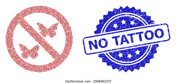 No Tattoo unclean watermark and vector recursive mosaic forbidden butterflies. Blue seal includes No Tattoo text inside rosette.