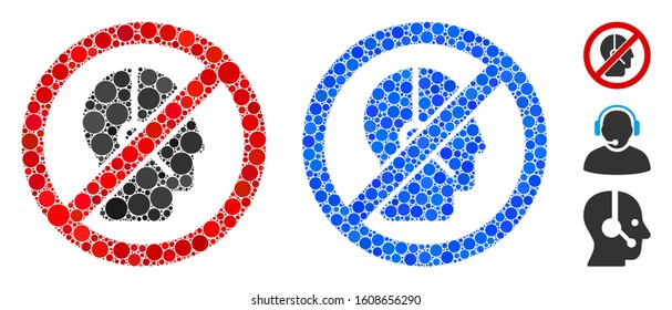 No telemarketing operator mosaic of circle elements in variable sizes and color tints, based on no telemarketing operator icon. Vector circle elements are combined into blue mosaic.