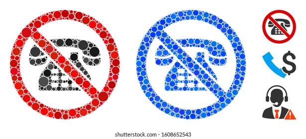 No telephone composition of small circles in variable sizes and color tints, based on no telephone icon. Vector dots are composed into blue composition.