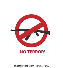 No Terror Icon. Black Gun And Red Round Inhibitory Sign