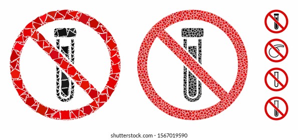 No test tube mosaic of bumpy items in variable sizes and shades, based on no test tube icon. Vector joggly items are organized into collage. No test tube icons collage with dotted pattern.